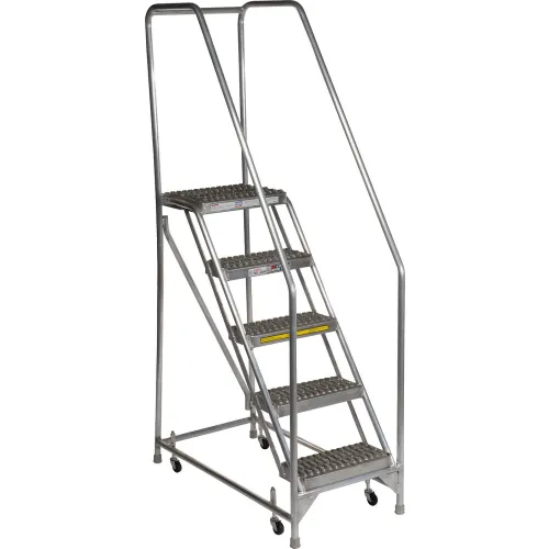 5 Step Aluminum Rolling Ladder, 16"W Grip Step, 30" Handrails - WLAR105165