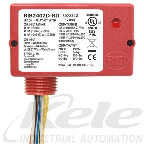 Functional Devices RIB2402D-RD 24 VAC/VDC or 208-277 VAC Enclosed Pilot Relay, 1 DPDT