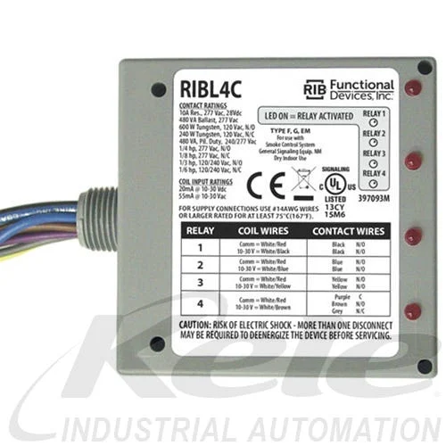 Functional Devices RIBL4C 10-30 VAC/VDC Enclosed Pilot Relay, 3 SPST N/O and 1 SPDT