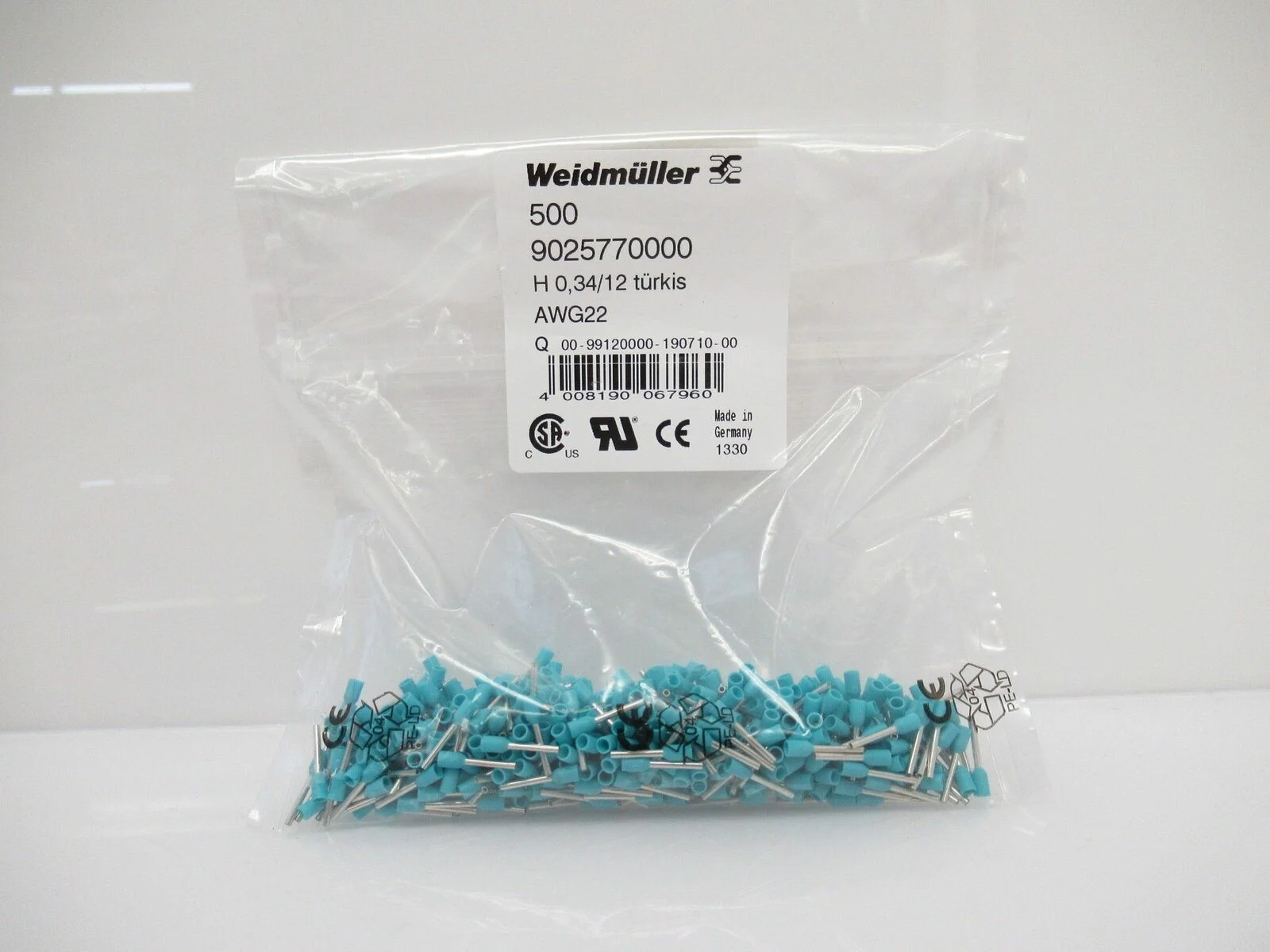 9025770000 Weidmuller Turquoise Wire Ferrule Connector AWG 22