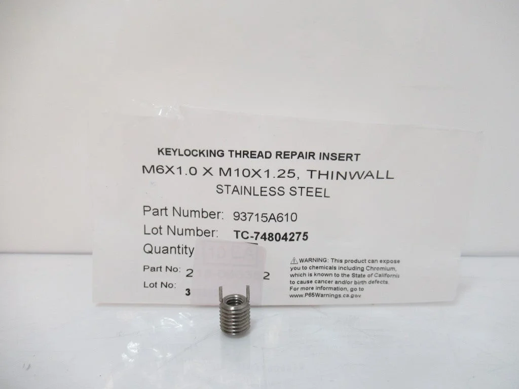 93715A610 Key Locking Inserts, M6 x 1 Thread, 10 mm Installed Length, Lot Of 10