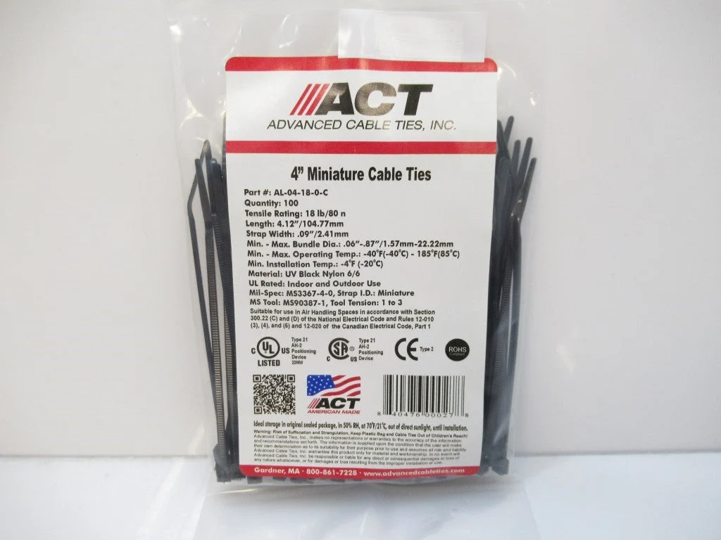 AL-04-18-0-C ACT Cable Tie 4" Long, 7/8" Bundle Diameter, Pack Of 100