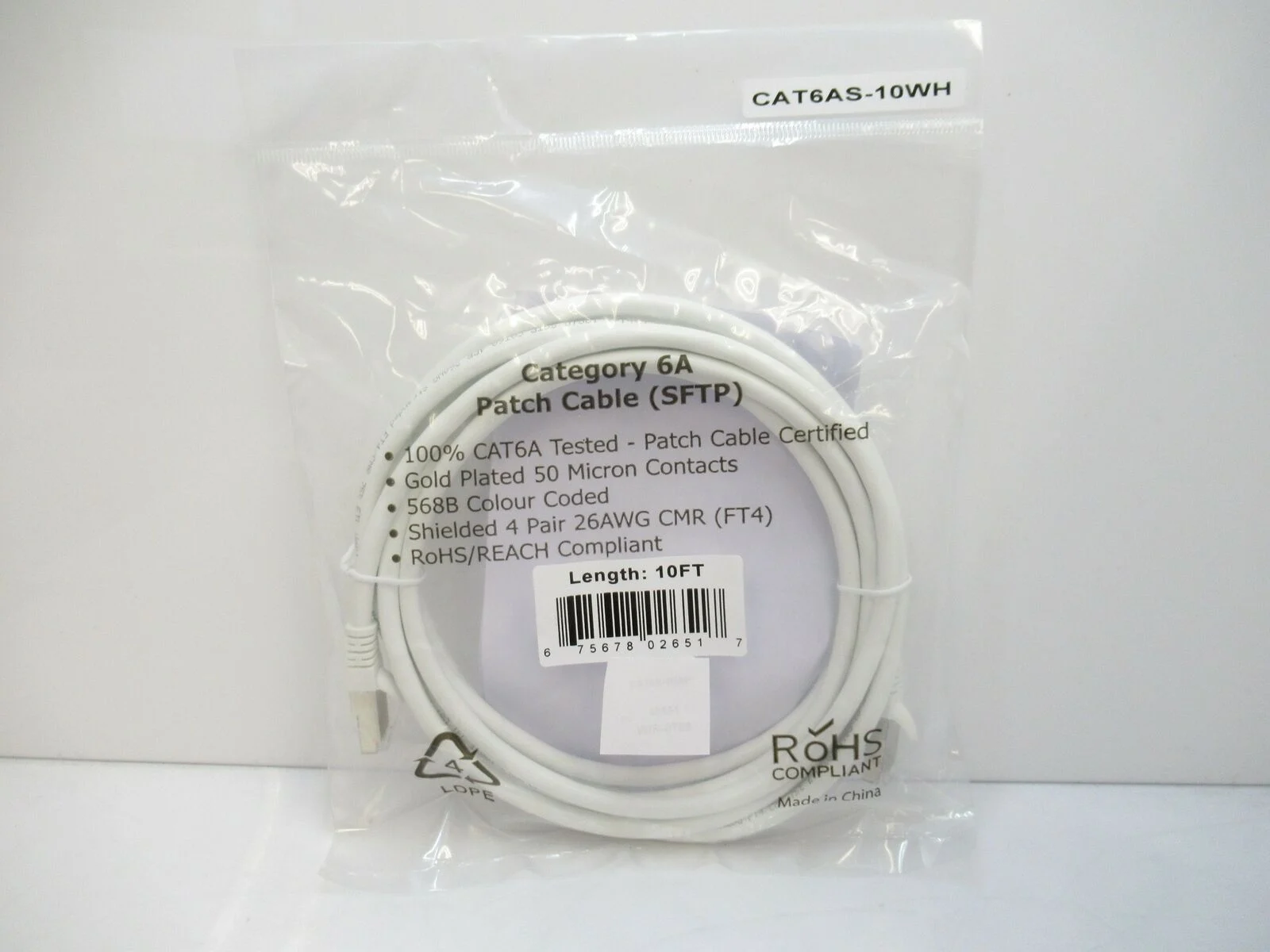 Cable Ethernet Shielded CAT6AS-10WH Category 6A SFTP 10FT