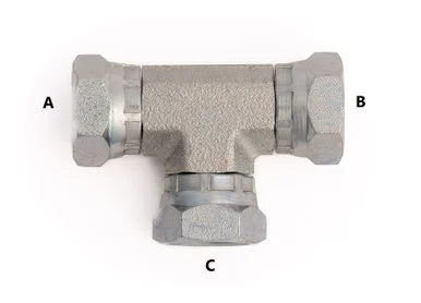 F Pipe Swivel Branch Tee: 1/4-18 A, 1/4-18 B
