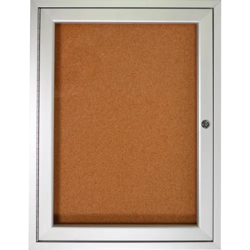 Ghent Enclosed Bulletin Board, 1 Door, 36"W x 36"H, Natural Cork/Silver Frame