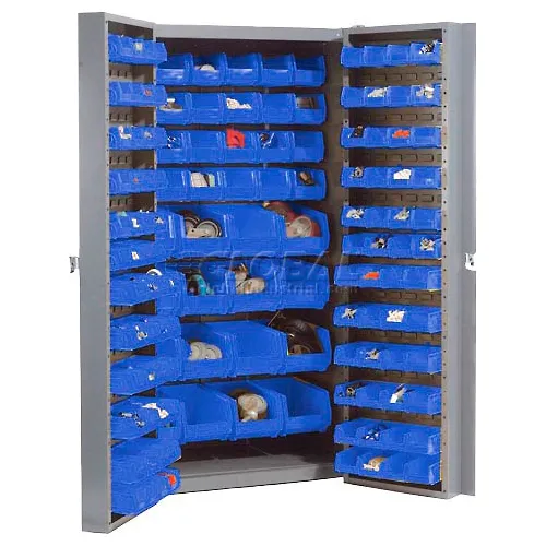 Global Industrial™ Deep Door Bin Cabinet, 132 Blue Bins, Unassembled, 38"W x 24"D x 72"H