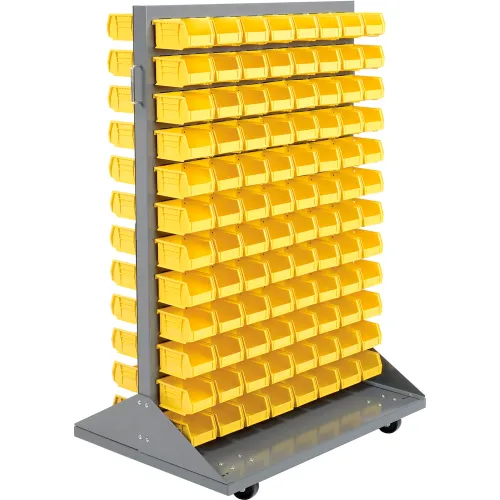 Global Industrial™ Double Sided Mobile Floor Rack w/ 192(B) Yellow Bins, 36"W x 25-1/2"D x 55"H