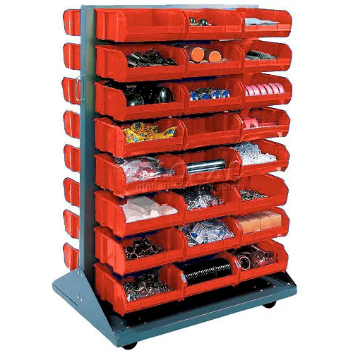 Global Industrial™ Double Sided Mobile Floor Rack w/ 48(G) Red Bins, 36"W x 25-1/2"D x 55"H