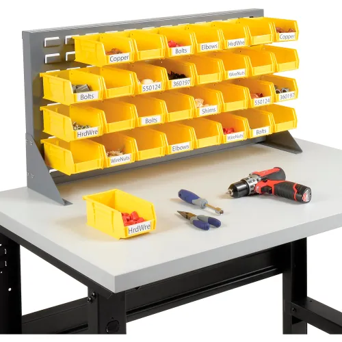 Global Industrial™ Louvered Bench Rack 36"W x 20"H - 32 of Yellow Premium Stacking Bins