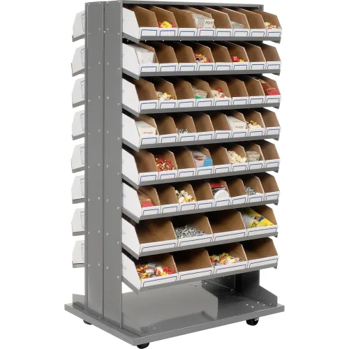 Global Industrial™ Mobile Double Sided Bin Rack - 112 Corrugated White Bins No Print