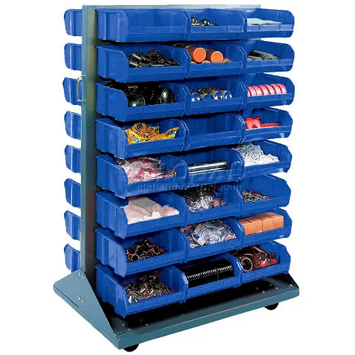 Global Industrial™ Mobile Double Sided Floor Rack - 24 Blue Stacking Bins 36 x 54