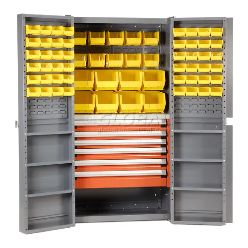 Global Industrial™ Security Work & Storage Cabinet, 6 Drawers, 68 Yel. Bins, 38"Wx24"Dx72"H