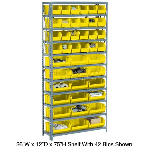 Global Industrial™ Steel Open Shelving - 10 Yellow Plastic Stacking Bins 8 Shelves 36 x 18 x 73