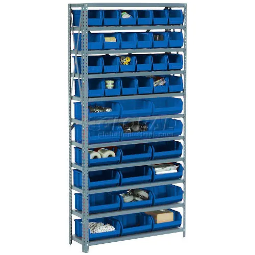 Global Industrial™ Steel Open Shelving - 28 Blue 8-1/4x14-3/4x7 Stacking Bins 8 Shelf 36x12x73