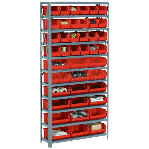 Global Industrial™ Steel Open Shelving - 28 Red 8-1/4x14-3/4x7 Stacking Bins 8 Shelves 36x12x73