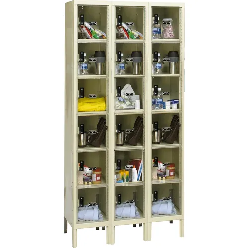Hallowell® 6-Tier 18 Door Safety-View Locker, 36"W x 12"D x 78"H, Tan, Unassembled