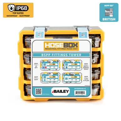 Hose Box, BSPP Fittings Tower, 86 Adapters, 60 BSPP Seals, Model #HBT2023-006