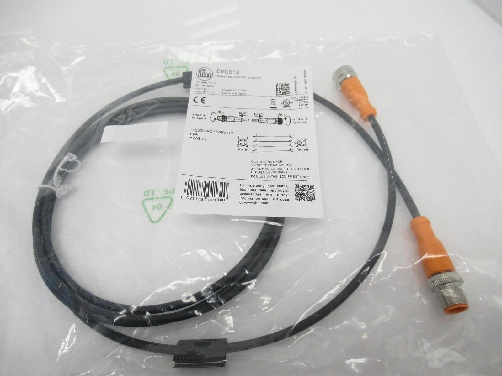 Ifm EVC013 VDOGH040MSS0002H04STGH040MSS 2m PUR-Cable; M12 Connector