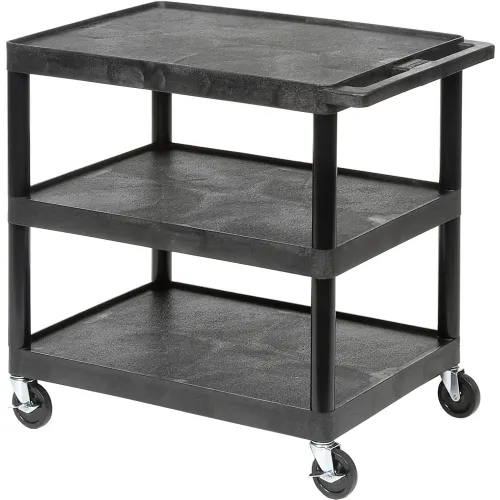 Luxor Plastic Utility Cart w/3 Shelves, 300 lb. Capacity, 24"L x 18"W x 34"H, Black