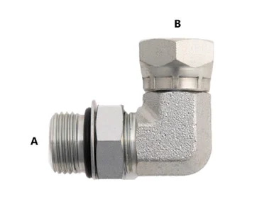 Male O-Ring to F Pipe Swivel 90: 3/4-16 A, 1/2-14 B