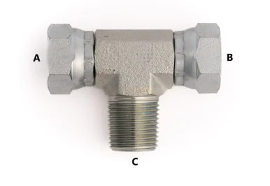 Male Pipe to F Pipe Swivel Branch Tee: 3/8-18 A, 3/8-18 B