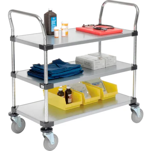 Nexel®, 3 Shelf, Utility Cart, Solid Galvanized, 36"W x 18"D x 39"H, Poly Casters,4 Swivel