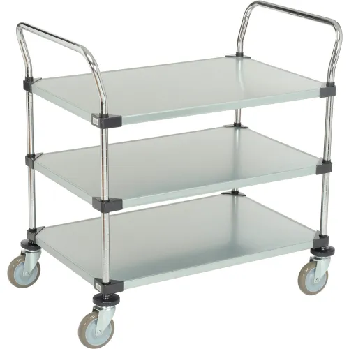 Nexel®, 3 Shelf, Utility Cart, Solid Galvanized, 36"W x 24"D x 39"H, Poly Casters,4 Swivel