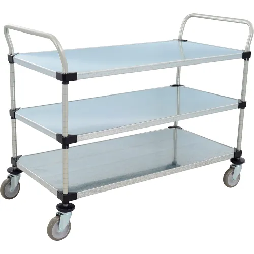 Nexel®, 3 Shelf, Utility Cart, Solid Galvanized, 48"W x 24"D x 39"H, Poly Casters,4 Swivel
