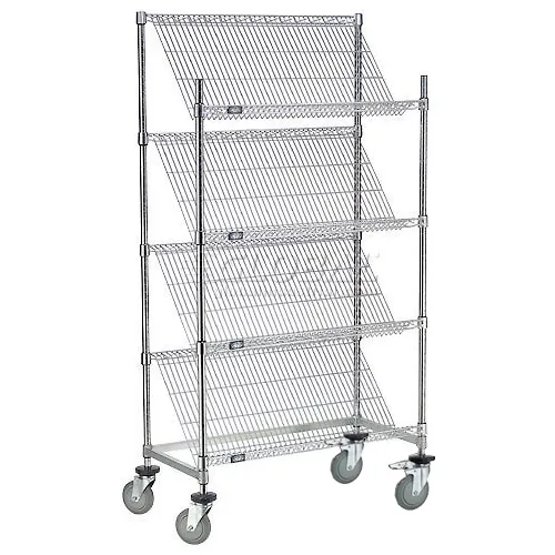 Nexel® 4 Slant Shelf Truck, Chrome, 36"W x 18"D x 69"H, Polyurethane Casters, 4 Swivel, 2 Brake