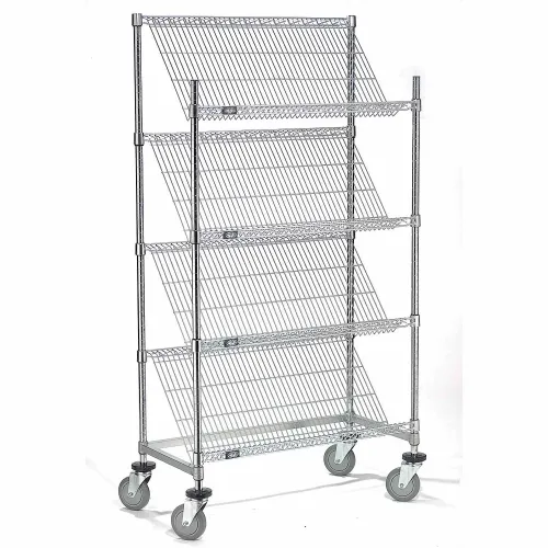 Nexel® 4 Slant Shelf Truck, Chrome, 48"W x 24"D x 69"H, Polyurethane Stem Casters, 4 Swivel