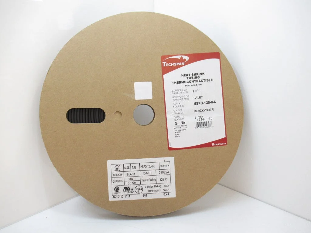 TechSpan HSPO-125-0-C Heat Shrink Tubing Dia 1/8 in, Black, 100 FT
